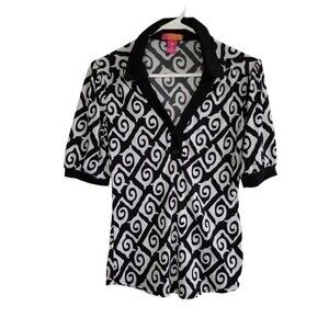 Catch My I Blouse Women's Medium Retro Black White V Neck